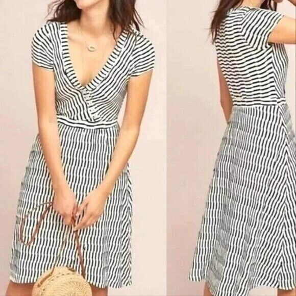 Maeve Anthropologie Paladino Faux Wrap Black White Dress S Small Knit Ribbed - Picture 1 of 9